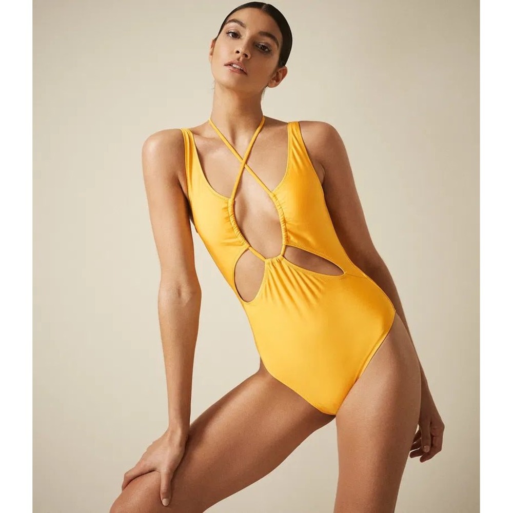 NWT REISS Esmerelda Cut Out Detail Swimsuit Bright Yellow Size M Trendy Colorful